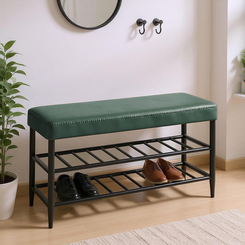 Shoe Bench Padded Faux Leather Seat 2 Shelves