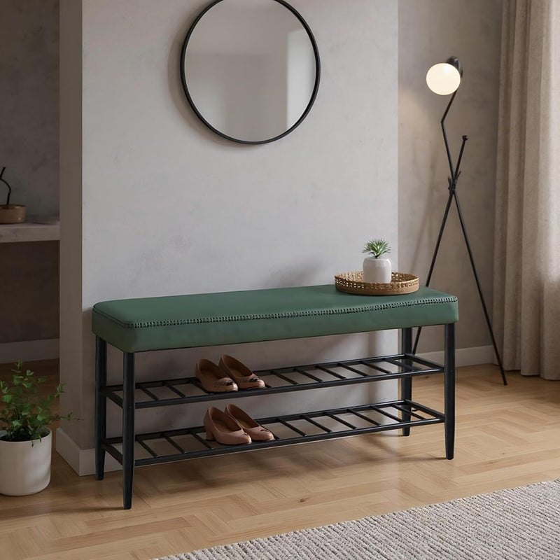 Shoe Bench Padded Faux Leather Seat 2 Shelves