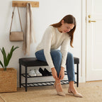 Shoe Bench Padded Faux Leather Seat 2 Shelves