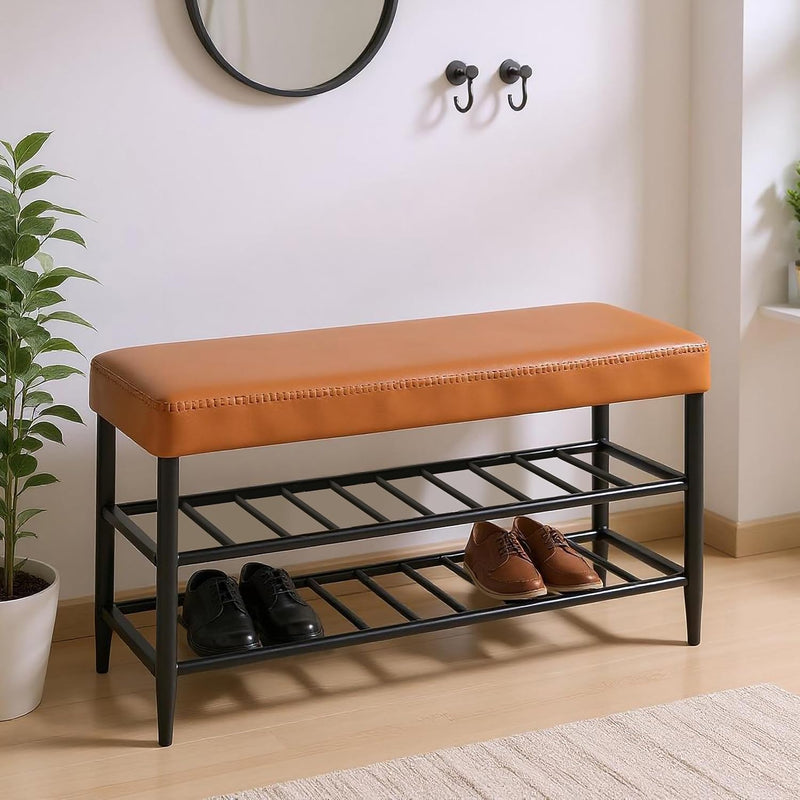 Shoe Bench Padded Faux Leather Seat 2 Shelves