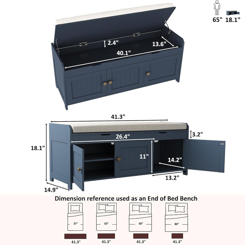 Shoe Bench Storage with Padded Seat Cushion 2-Door