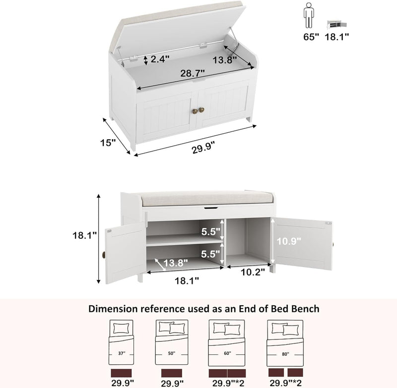 Shoe Bench Storage with Padded Seat Cushion 2-Door