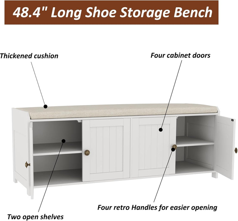 Shoe Bench Storage with Padded Seat Cushion 2-Door