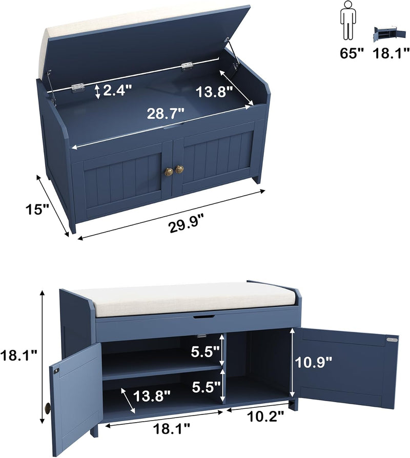 Shoe Bench Storage with Padded Seat Cushion 3-Door