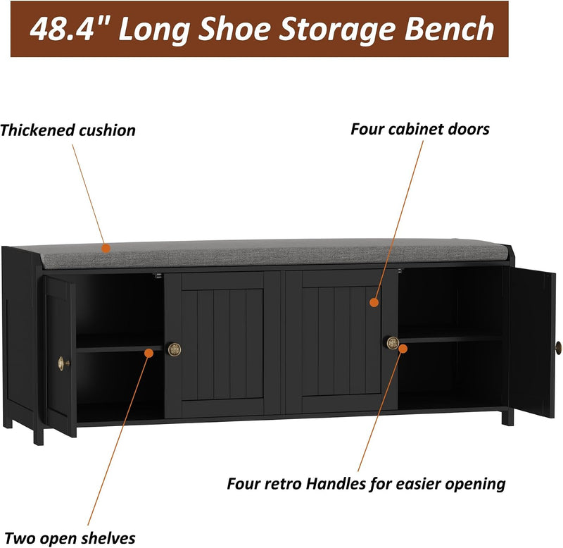 Shoe Bench Storage with Padded Seat Cushion 3-Door