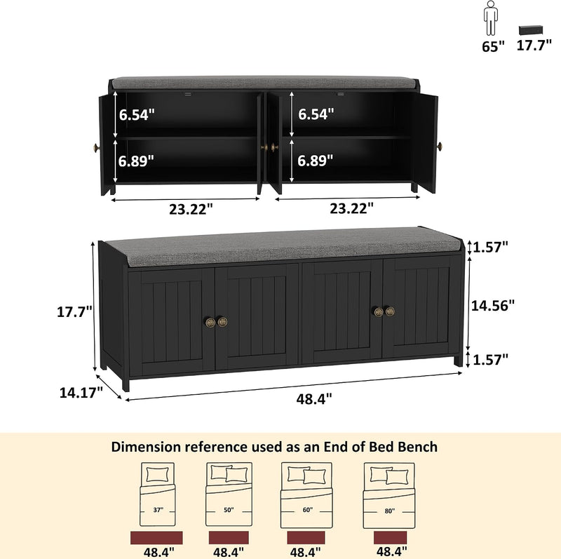 Shoe Bench Storage with Padded Seat Cushion 3-Door