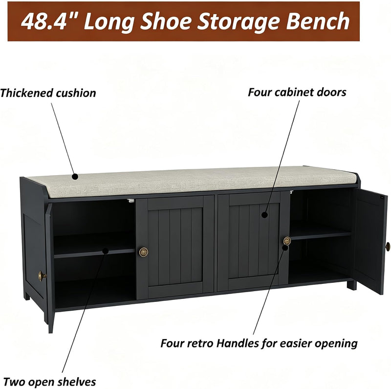 Shoe Bench Storage with Padded Seat Cushion 2-Door
