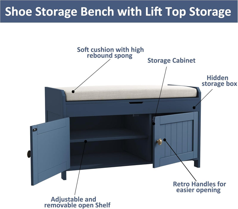 Shoe Bench Storage with Padded Seat Cushion 3-Door