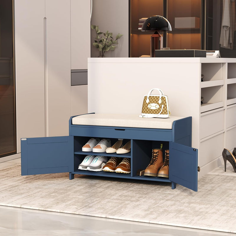 Shoe Bench Storage with Padded Seat Cushion 3-Door