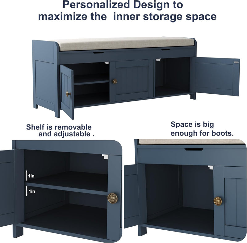 Shoe Bench Storage with Padded Seat Cushion 2-Door
