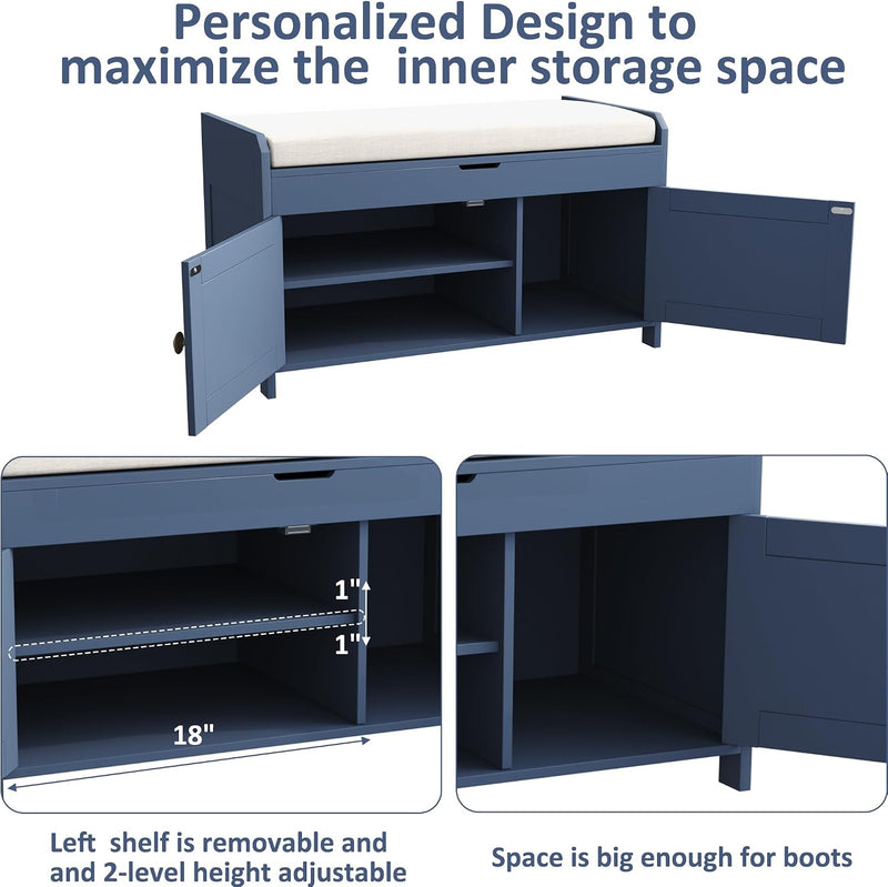 Shoe Bench Storage with Padded Seat Cushion 3-Door