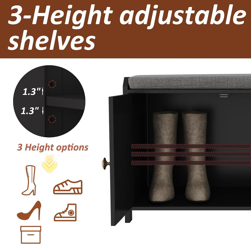 Shoe Bench Storage with Padded Seat Cushion 3-Door