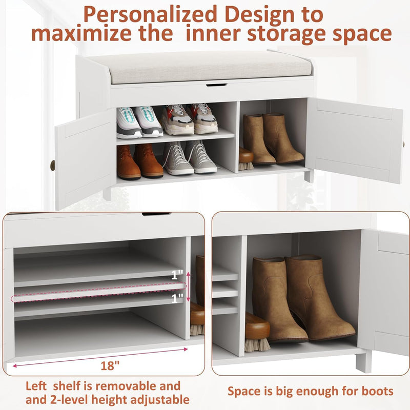 Shoe Bench Storage with Padded Seat Cushion 2-Door