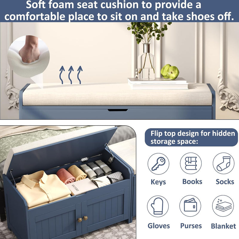 Shoe Bench Storage with Padded Seat Cushion 3-Door
