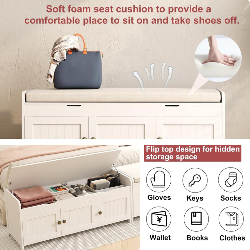 Shoe Bench Storage with Padded Seat Cushion 2-Door