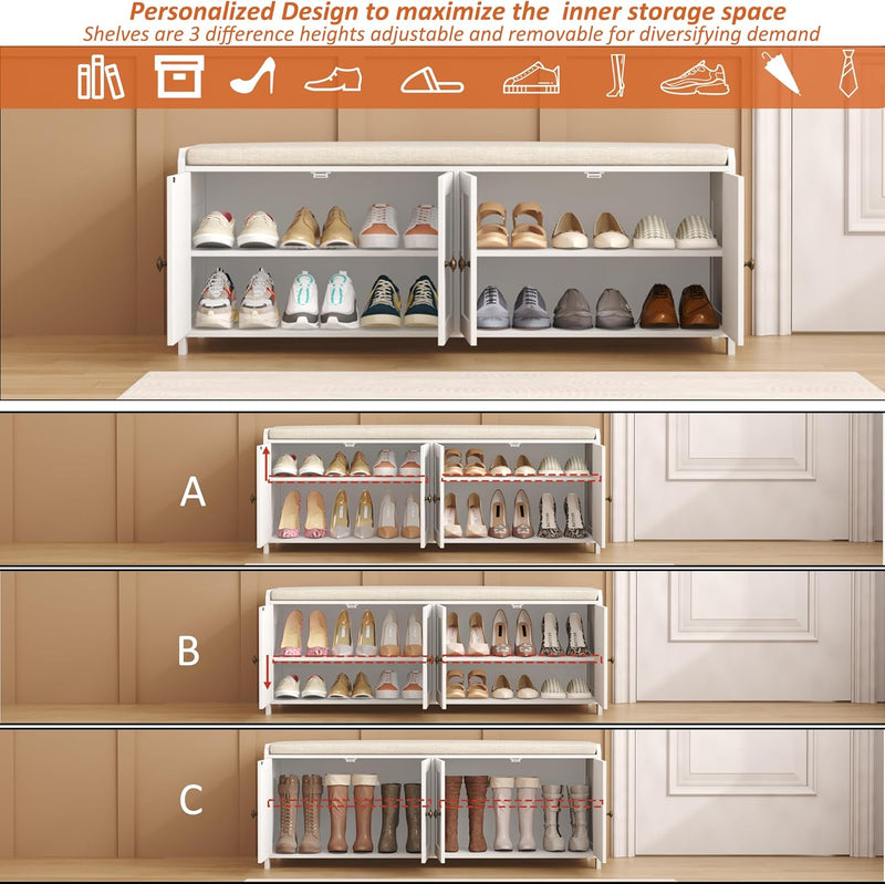 Shoe Bench Storage with Padded Seat Cushion 2-Door