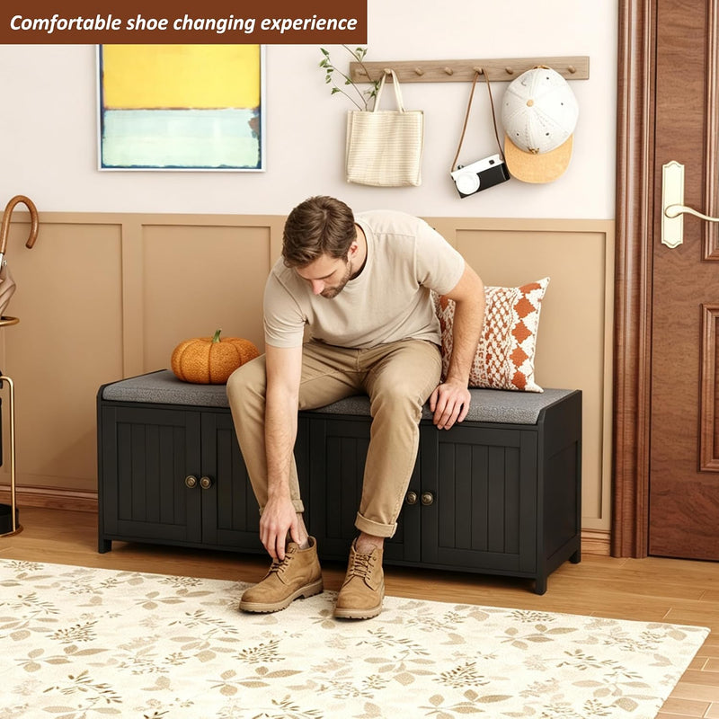 Shoe Bench Storage with Padded Seat Cushion 3-Door