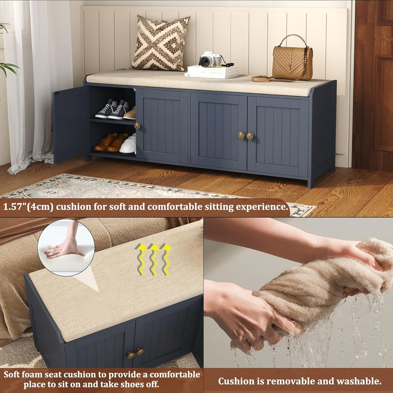 Shoe Bench Storage with Padded Seat Cushion 2-Door