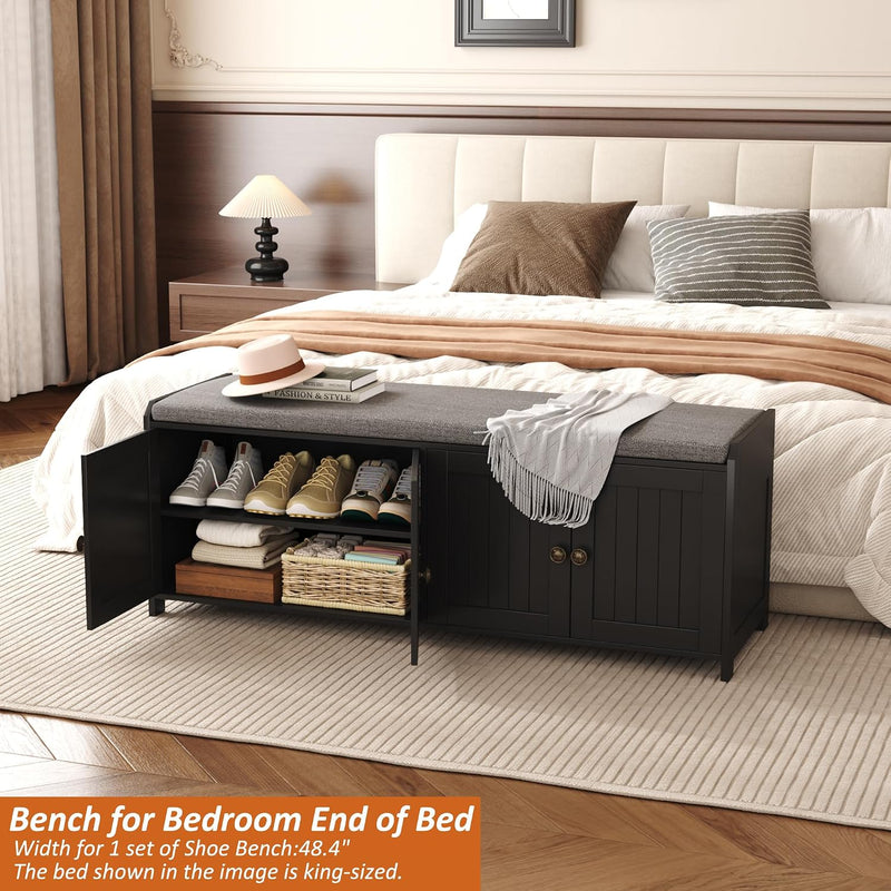 Shoe Bench Storage with Padded Seat Cushion 3-Door