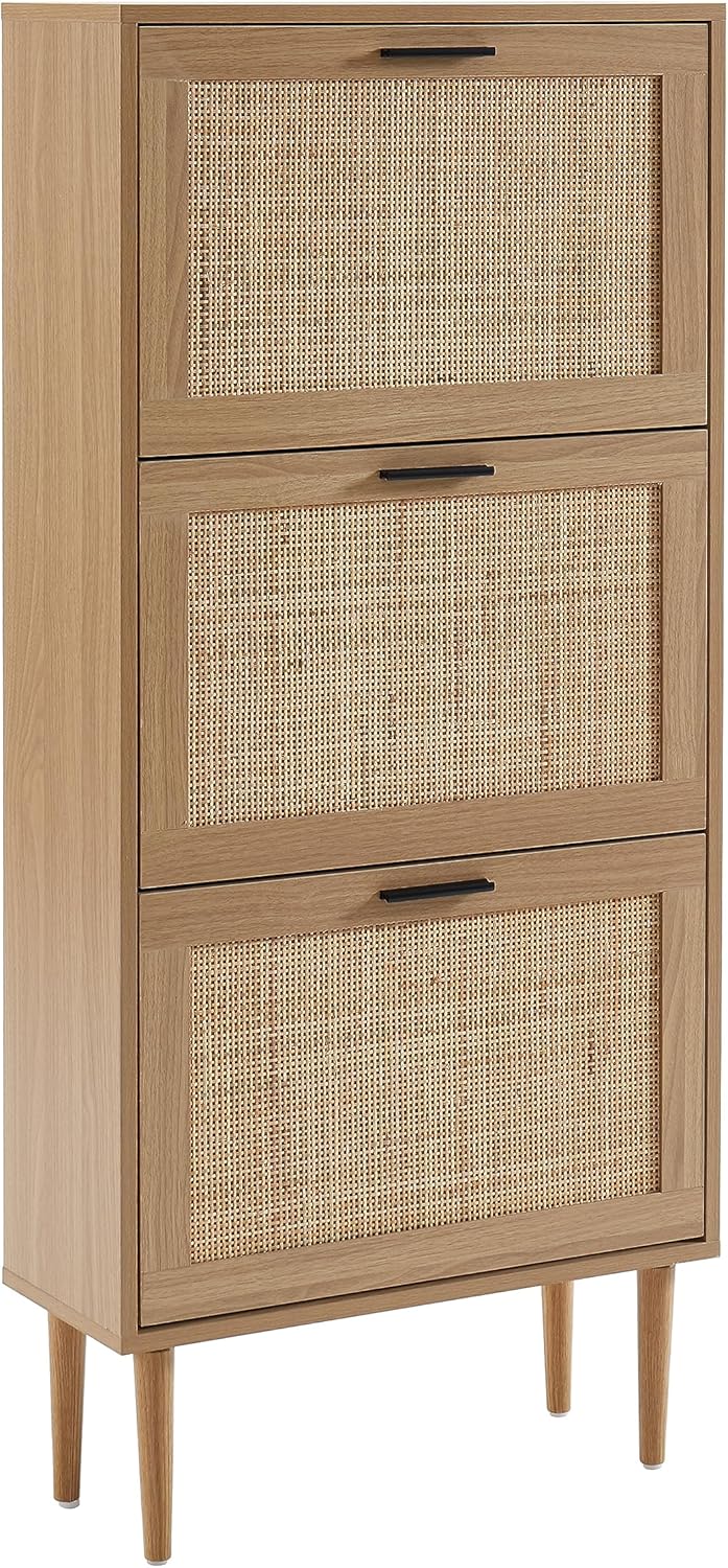 Shoe Cabinet in Oak Effect and Rattan Cane