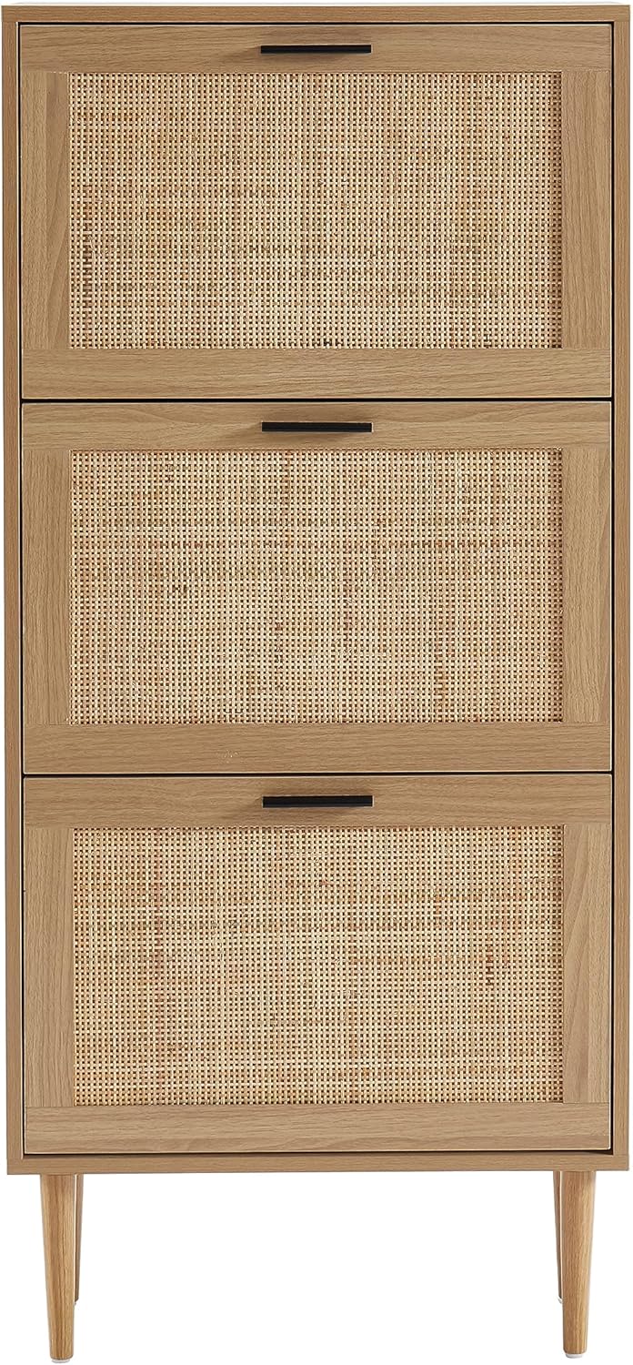 Shoe Cabinet in Oak Effect and Rattan Cane