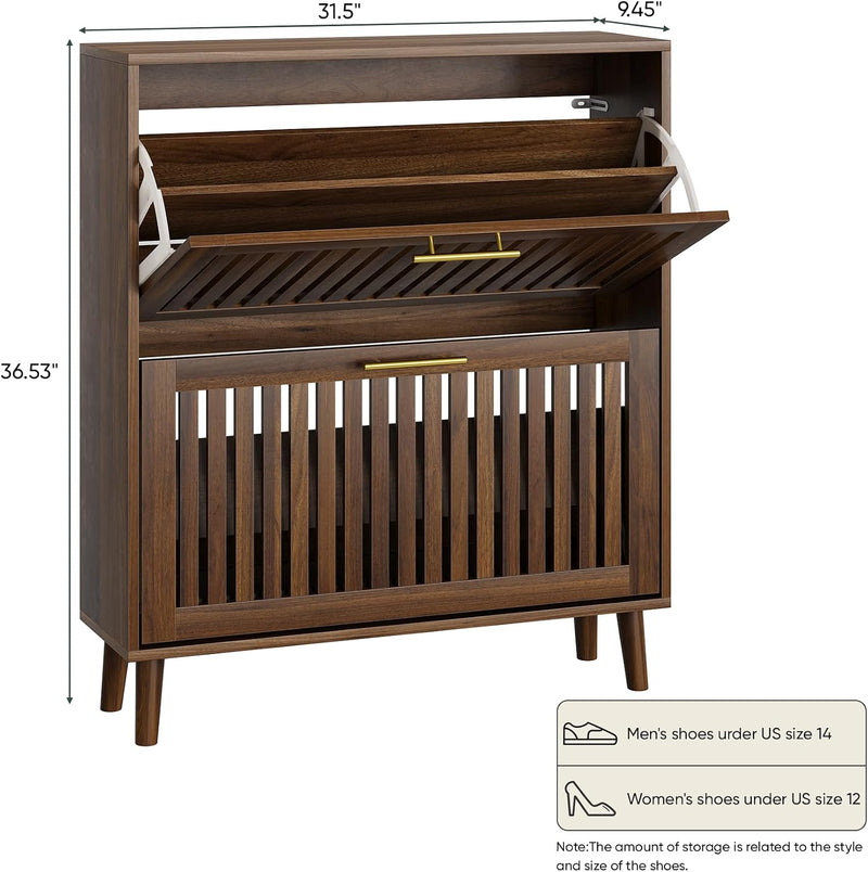 Shoe Cabinet with 2 Drawers Slatted Foldable Wooden