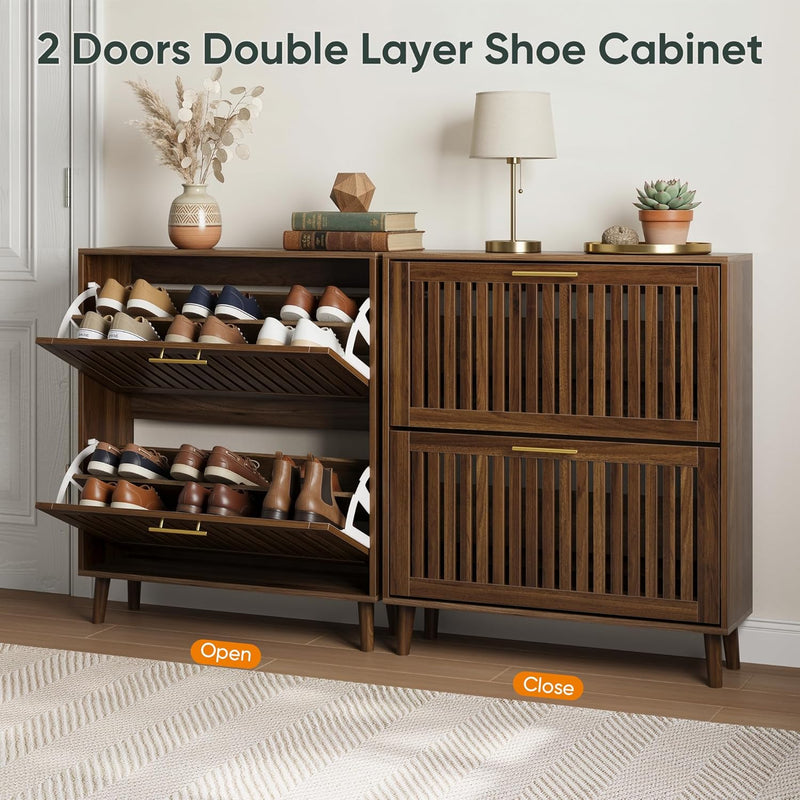 Shoe Cabinet with 2 Drawers Slatted Foldable Wooden