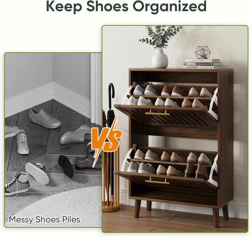 Shoe Cabinet with 2 Drawers Slatted Foldable Wooden