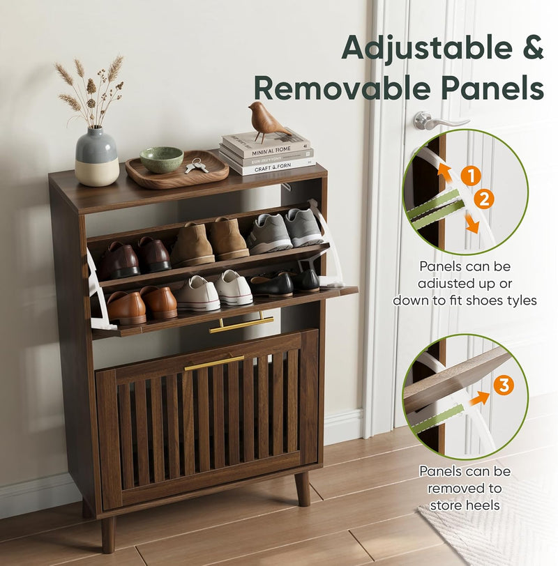 Shoe Cabinet with 2 Drawers Slatted Foldable Wooden