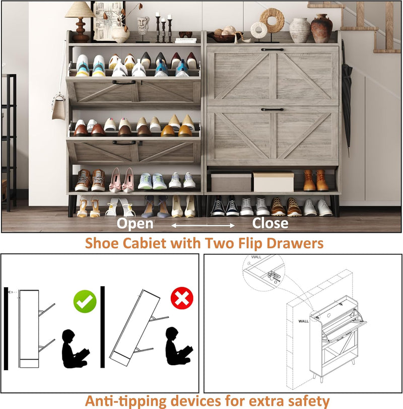 Shoe Cabinet with Two Flip Drawers 3-Tier Storage
