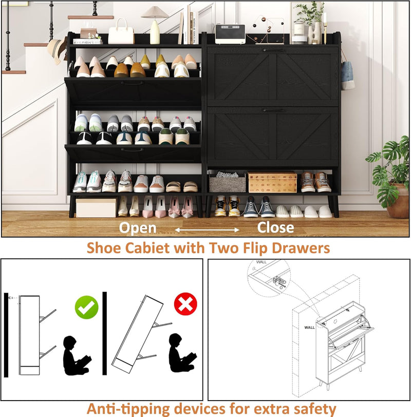 Shoe Cabinet with Two Flip Drawers 3-Tier Storage