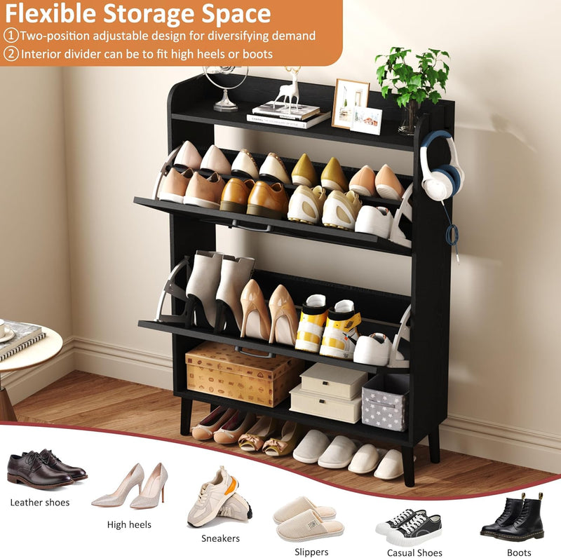 Shoe Cabinet with Two Flip Drawers 3-Tier Storage