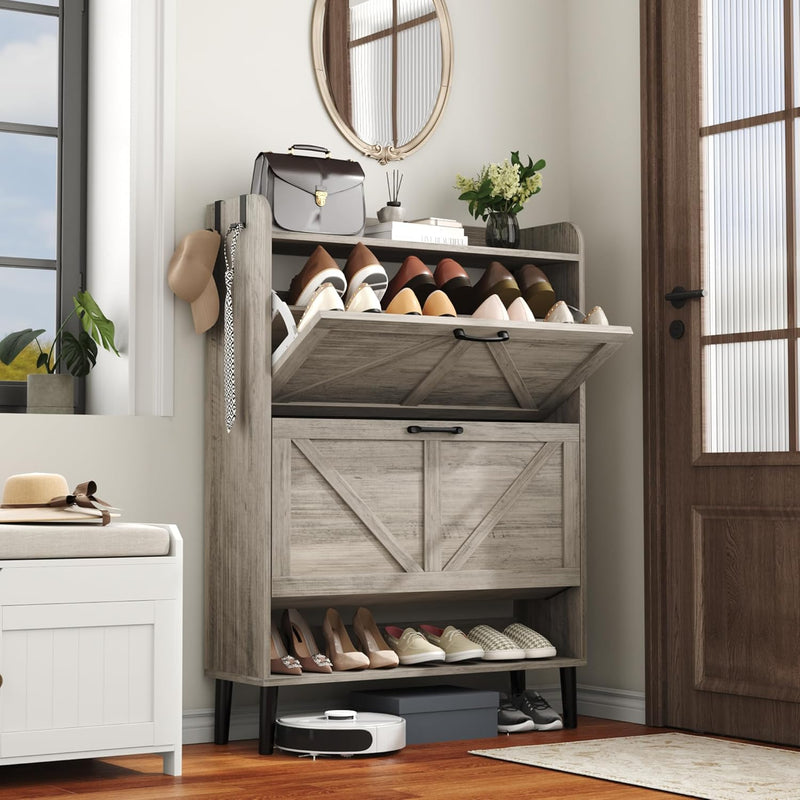 Shoe Cabinet with Two Flip Drawers 3-Tier Storage