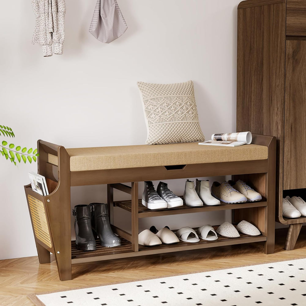 Shoe Storage Bench Bamboo with Padded Seat Cabinet
