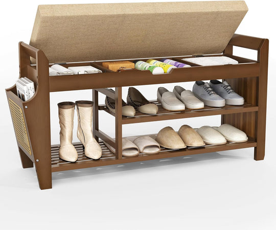 Shoe Storage Bench Bamboo with Padded Seat Cabinet