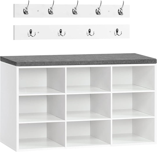 Shoe Storage Bench with Cushion and Coat Hooks