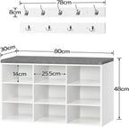 Shoe Storage Bench with Cushion and Coat Hooks