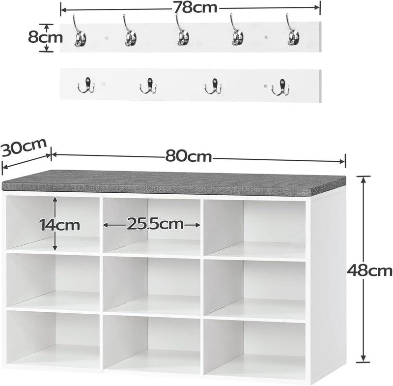 Shoe Storage Bench with Cushion and Coat Hooks
