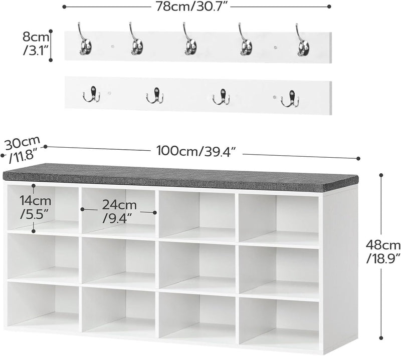 Shoe Storage Bench with Cushion and Coat Hooks