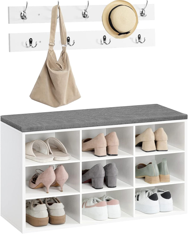 Shoe Storage Bench with Cushion and Coat Hooks