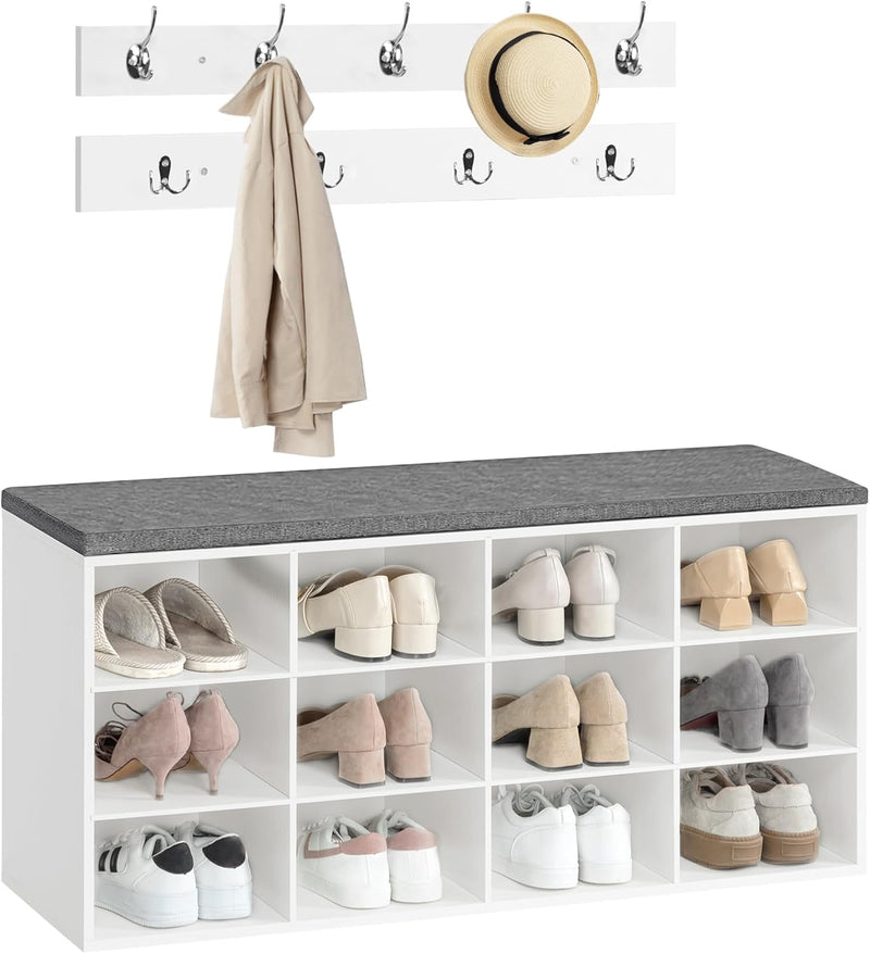 Shoe Storage Bench with Cushion and Coat Hooks