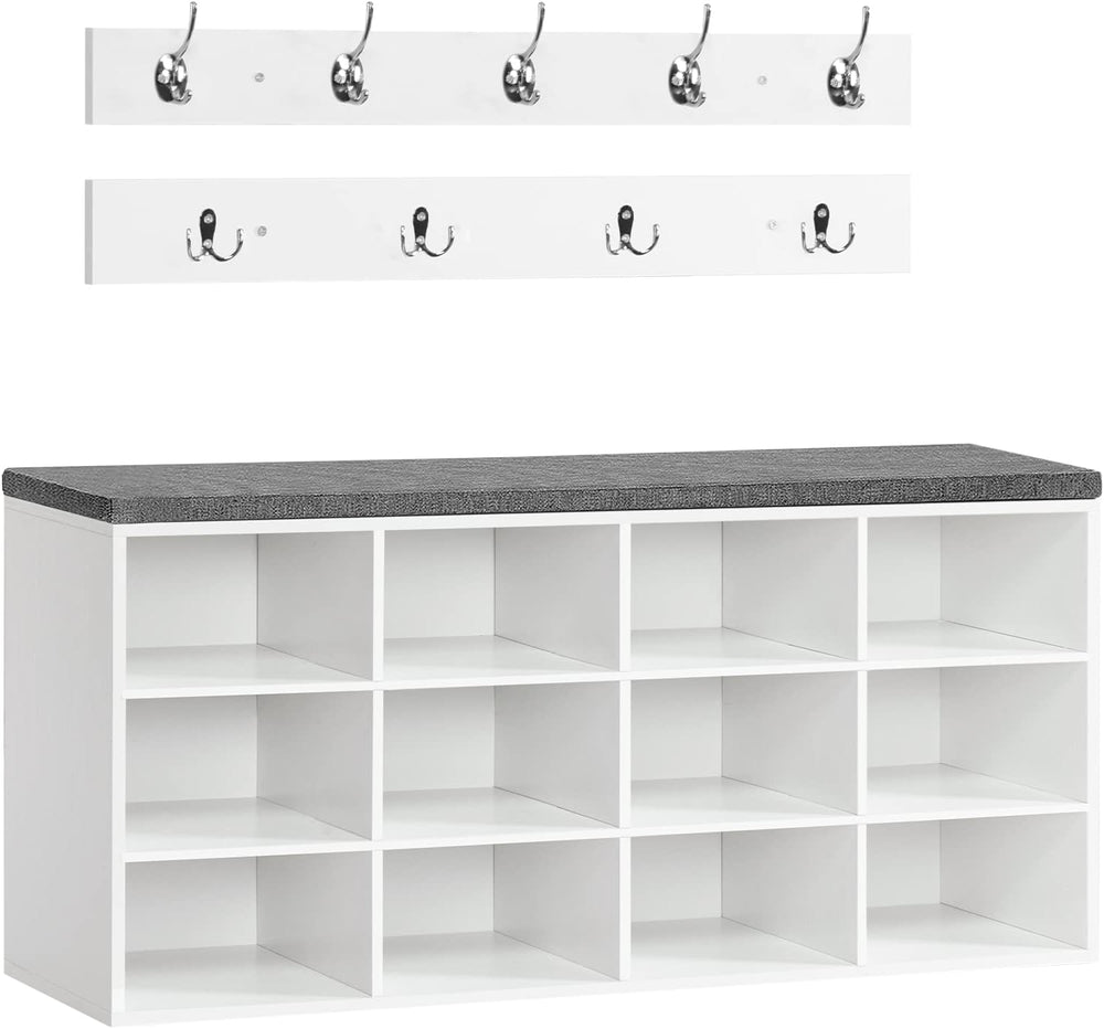 Shoe Storage Bench with Cushion and Coat Hooks