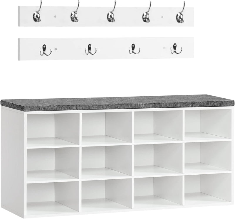 Shoe Storage Bench with Cushion and Coat Hooks
