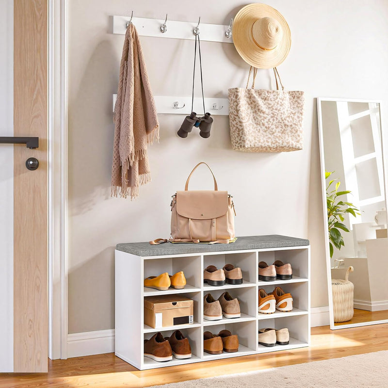Shoe Storage Bench with Cushion and Coat Hooks