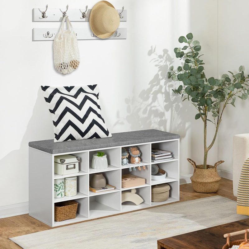 Shoe Storage Bench with Cushion and Coat Hooks