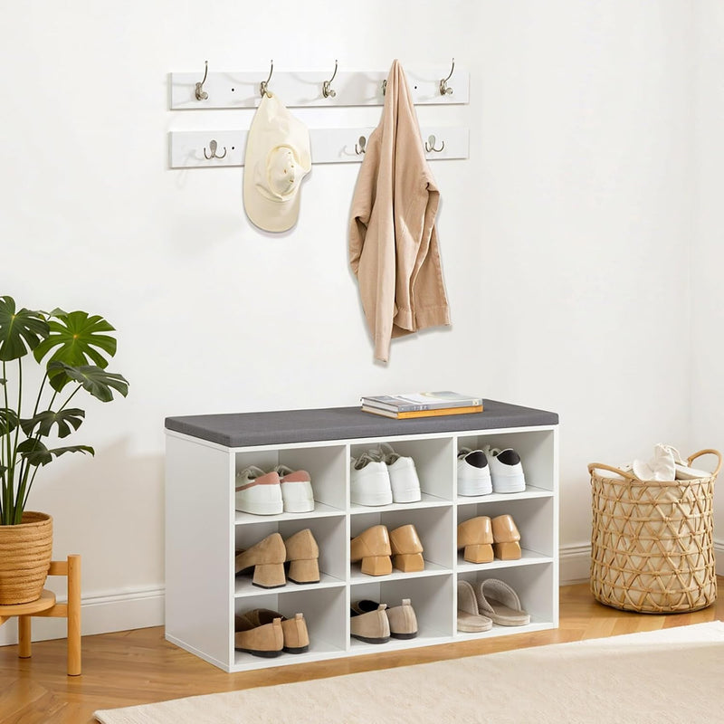 Shoe Storage Bench with Cushion and Coat Hooks