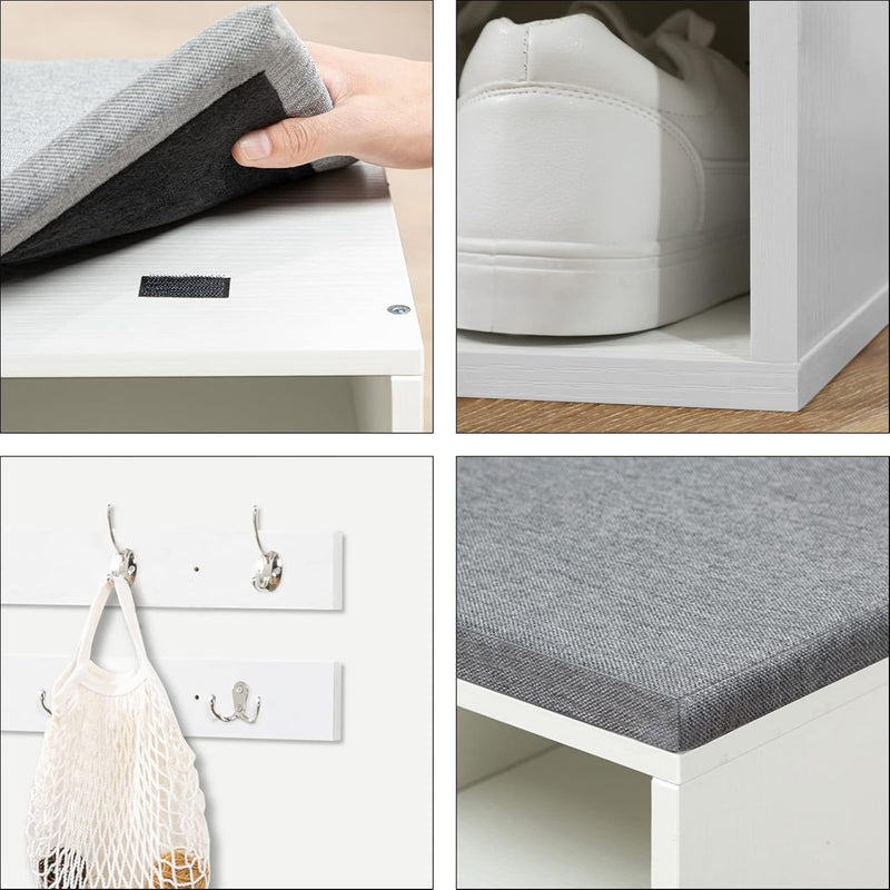 Shoe Storage Bench with Cushion and Coat Hooks
