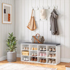 Shoe Storage Bench with Cushion and Coat Hooks