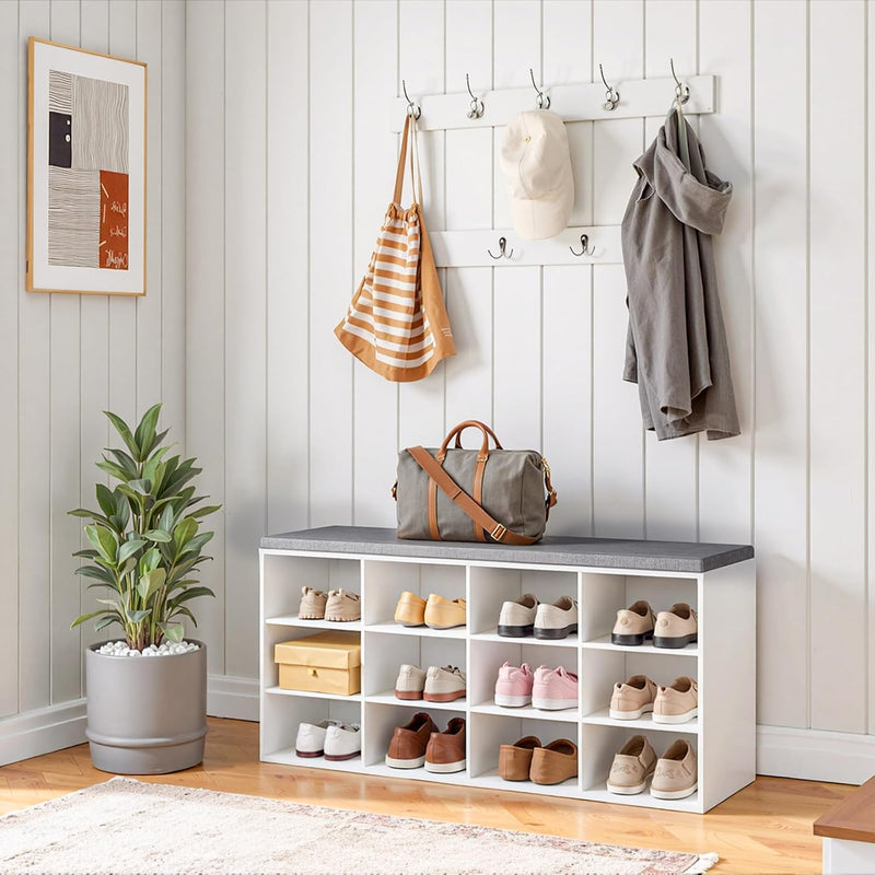 Shoe Storage Bench with Cushion and Coat Hooks