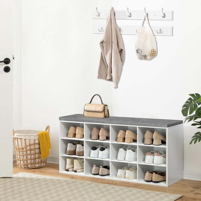 Shoe Storage Bench with Cushion and Coat Hooks